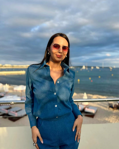 Embroidered Swarosvki Denim Trench Coat Paired With Button Down Plain Shirt With Pants