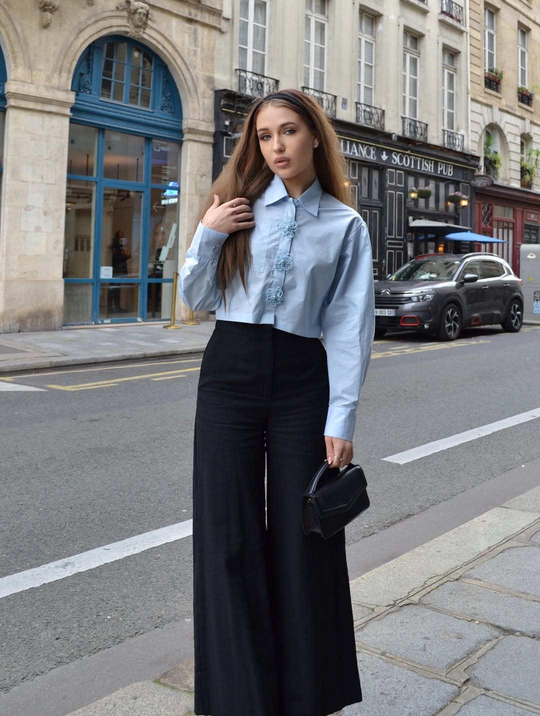 Crop Poplin Shirt With Pearl Flower Buttons