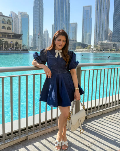 MINI SKATER PEARL BOW DENIM DRESS