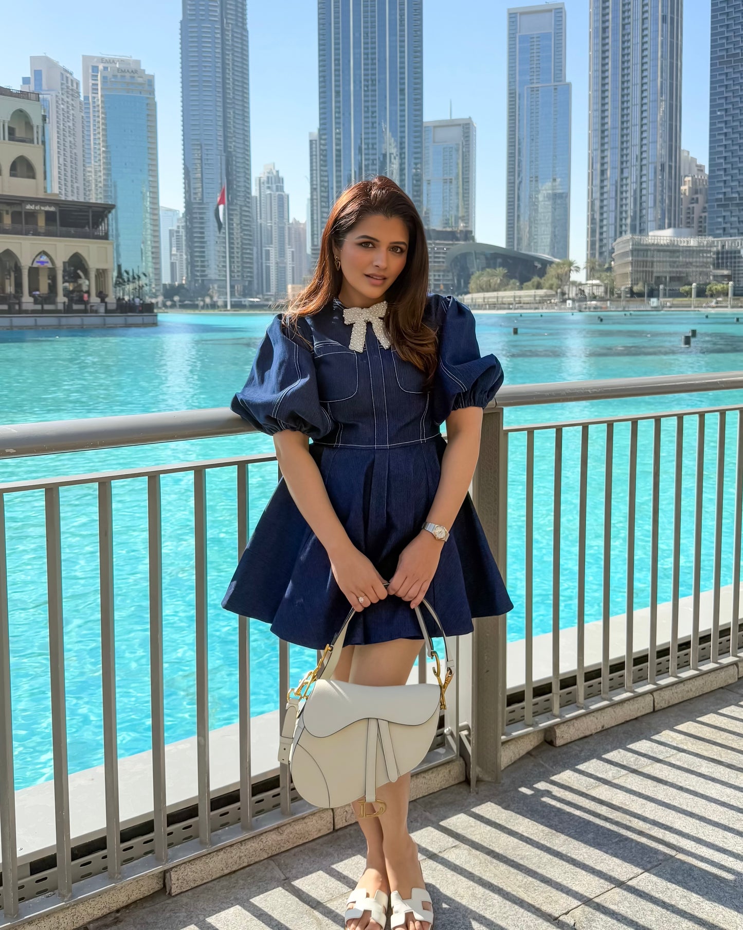 MINI SKATER PEARL BOW DENIM DRESS