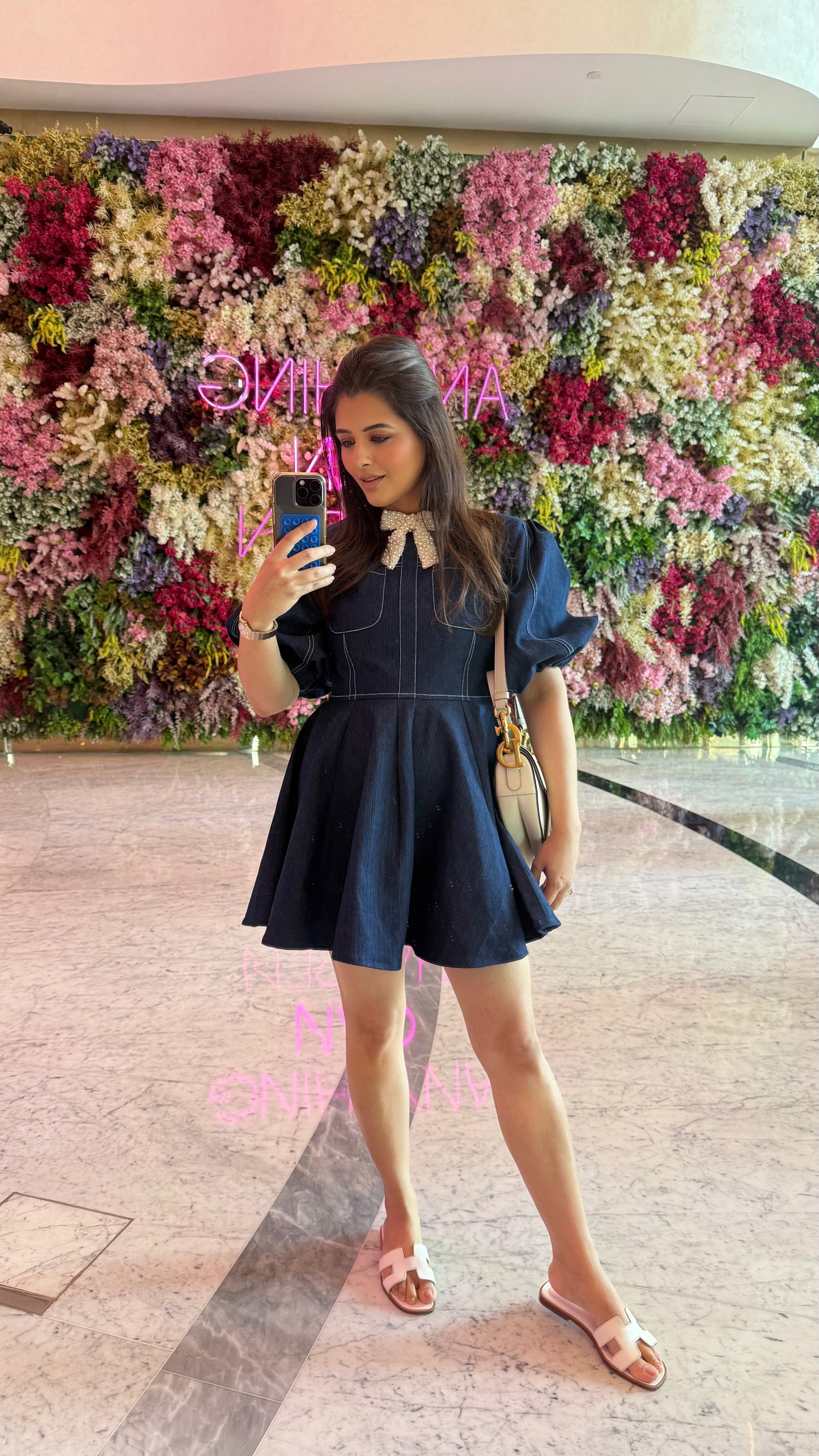 MINI SKATER PEARL BOW DENIM DRESS