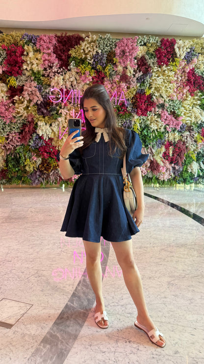 MINI SKATER PEARL BOW DENIM DRESS