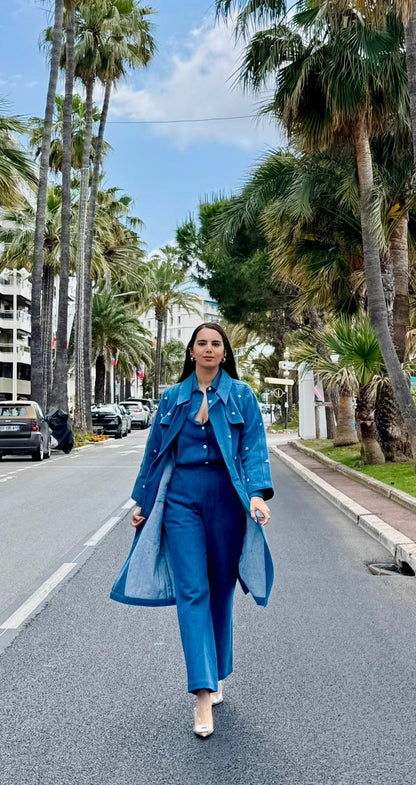 Embroidered Swarosvki Denim Trench Coat Paired With Button Down Plain Shirt With Pants