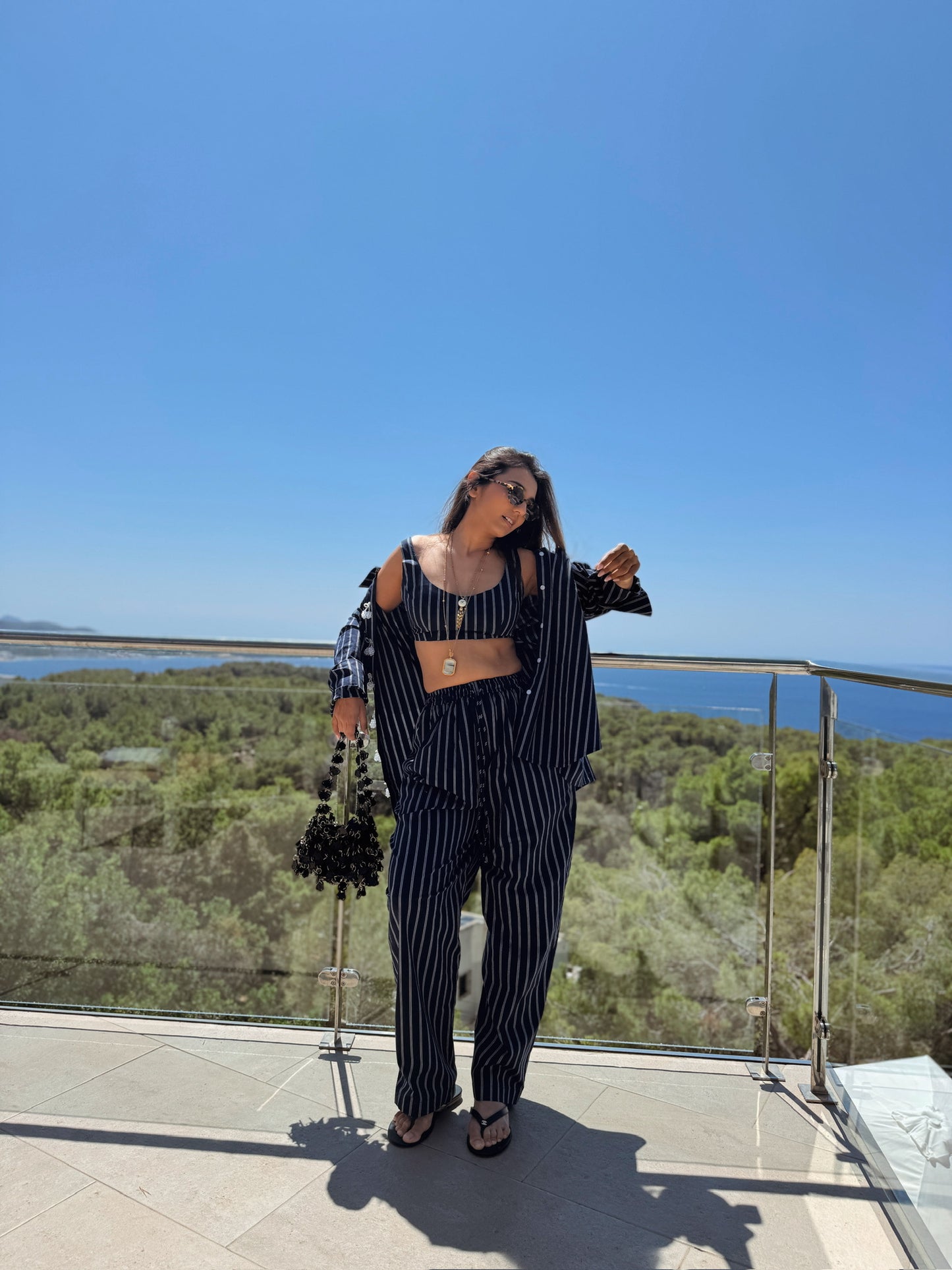Navy Blue And White Double Striped Button Down Shirt With Elasticated Pants Paired With Bralette