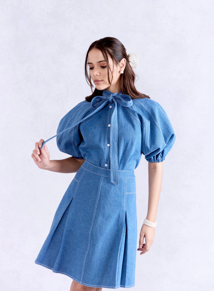 Bow Tie Lantern Denim Shirt & Box Pleat Denim Skirt