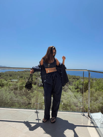 Navy Blue And White Double Striped Button Down Shirt With Elasticated Pants Paired With Bralette