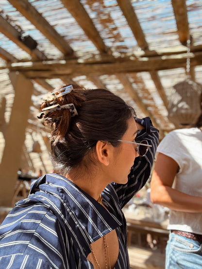 Navy Blue And White Double Striped Button Down Shirt With Elasticated Pants Paired With Bralette