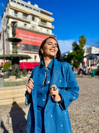 Embroidered Swarosvki Denim Trench Coat Paired With Button Down Plain Shirt With Pants