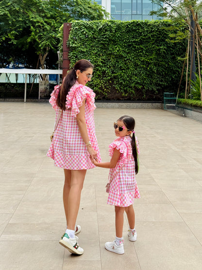 Pink And White Stripe Ruffle Sleeve Flowy Dress