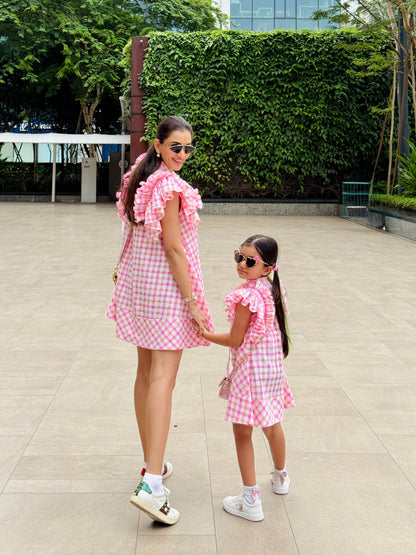Pink And White Stripe Ruffle Sleeve Flowy Dress