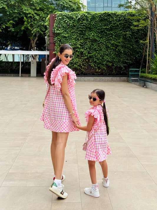 Pink And White Stripe Ruffle Sleeve Flowy Dress