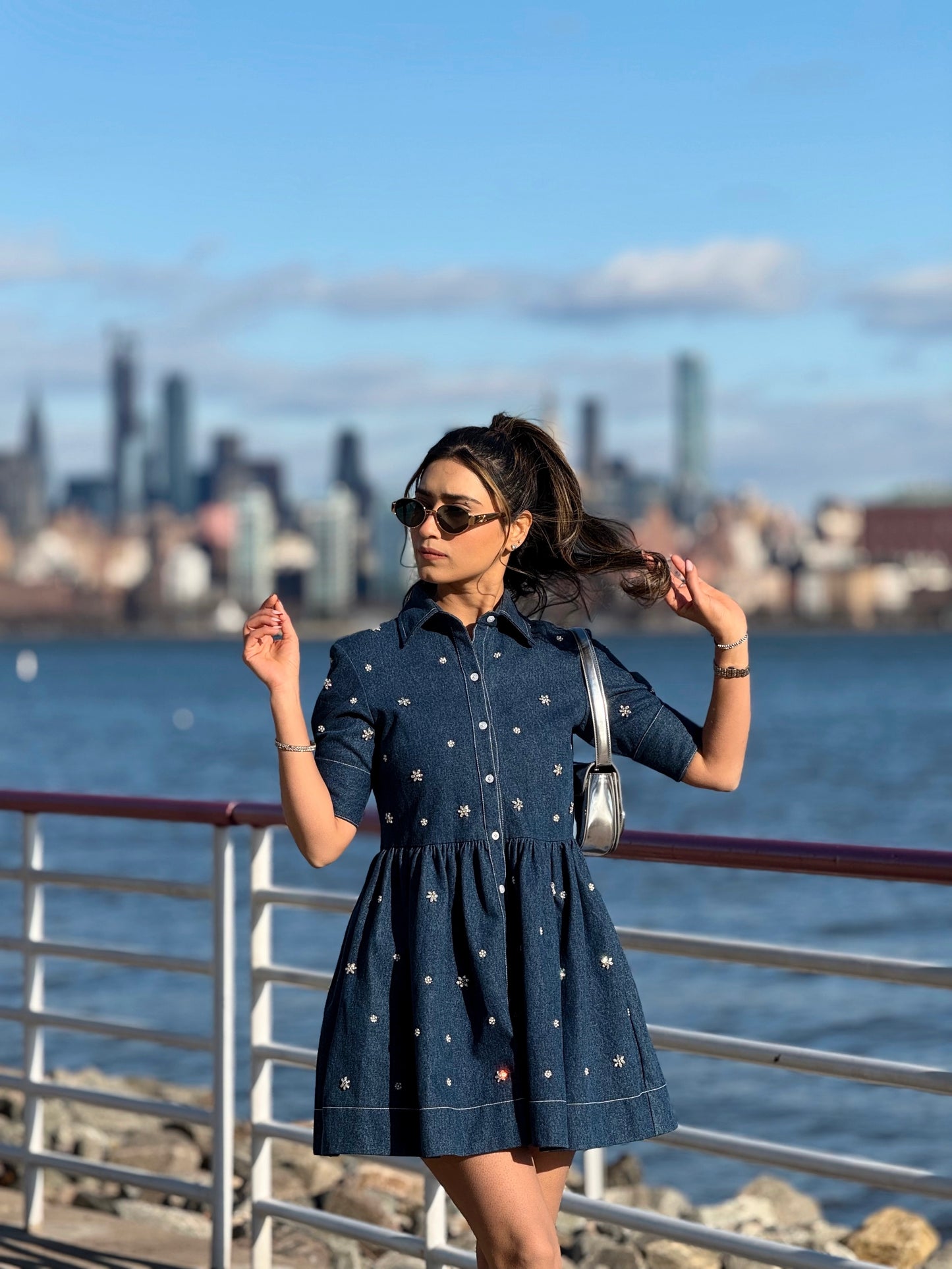 FIT AND FLARE SWAROVSKI EMBELLISHED DENIM DRESS