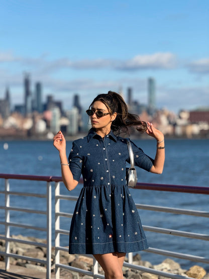 FIT AND FLARE SWAROVSKI EMBELLISHED DENIM DRESS