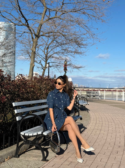 FIT AND FLARE SWAROVSKI EMBELLISHED DENIM DRESS