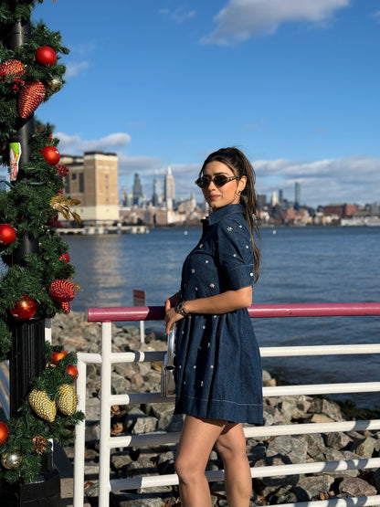 FIT AND FLARE SWAROVSKI EMBELLISHED DENIM DRESS