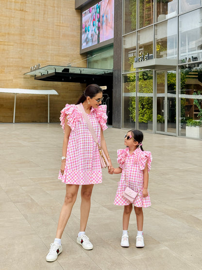 Pink And White Stripe Ruffle Sleeve Flowy Dress