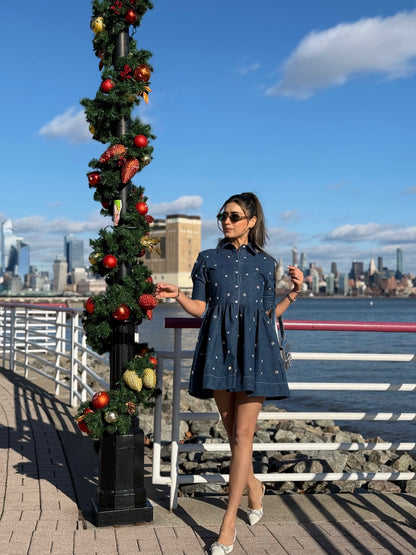 FIT AND FLARE SWAROVSKI EMBELLISHED DENIM DRESS