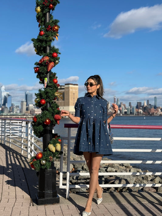 FIT AND FLARE SWAROVSKI EMBELLISHED DENIM DRESS