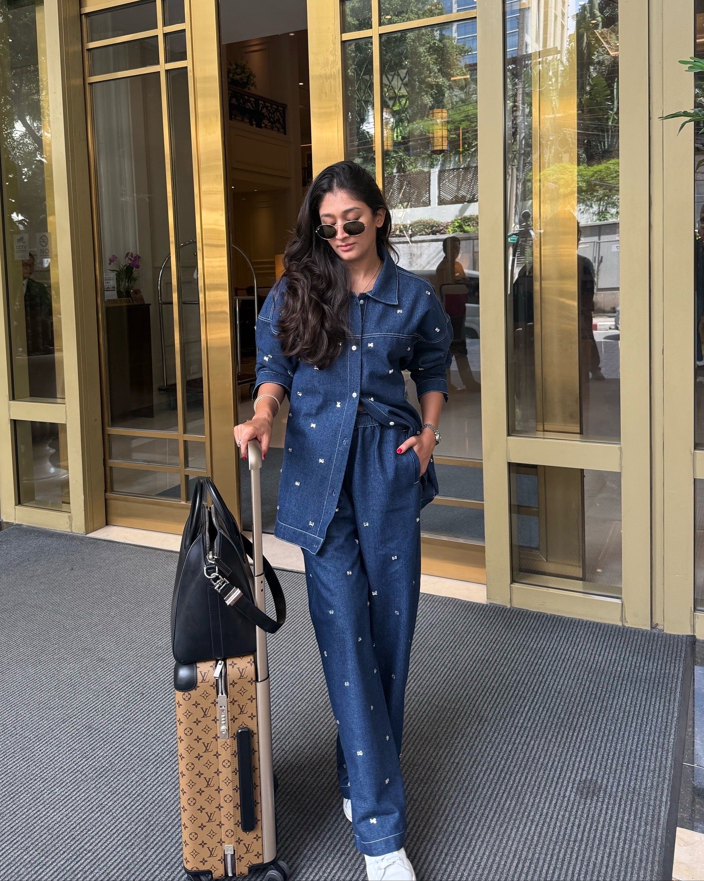 Bow Swarovski Embroidered Denim Shirt Paired With Embellished Denim Pants