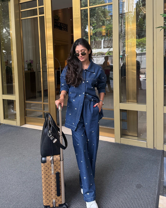 BOW SWAROVSKI EMBROIDERED DENIM SHIRT PAIRED WITH EMBELLISHED DENIM PANTS