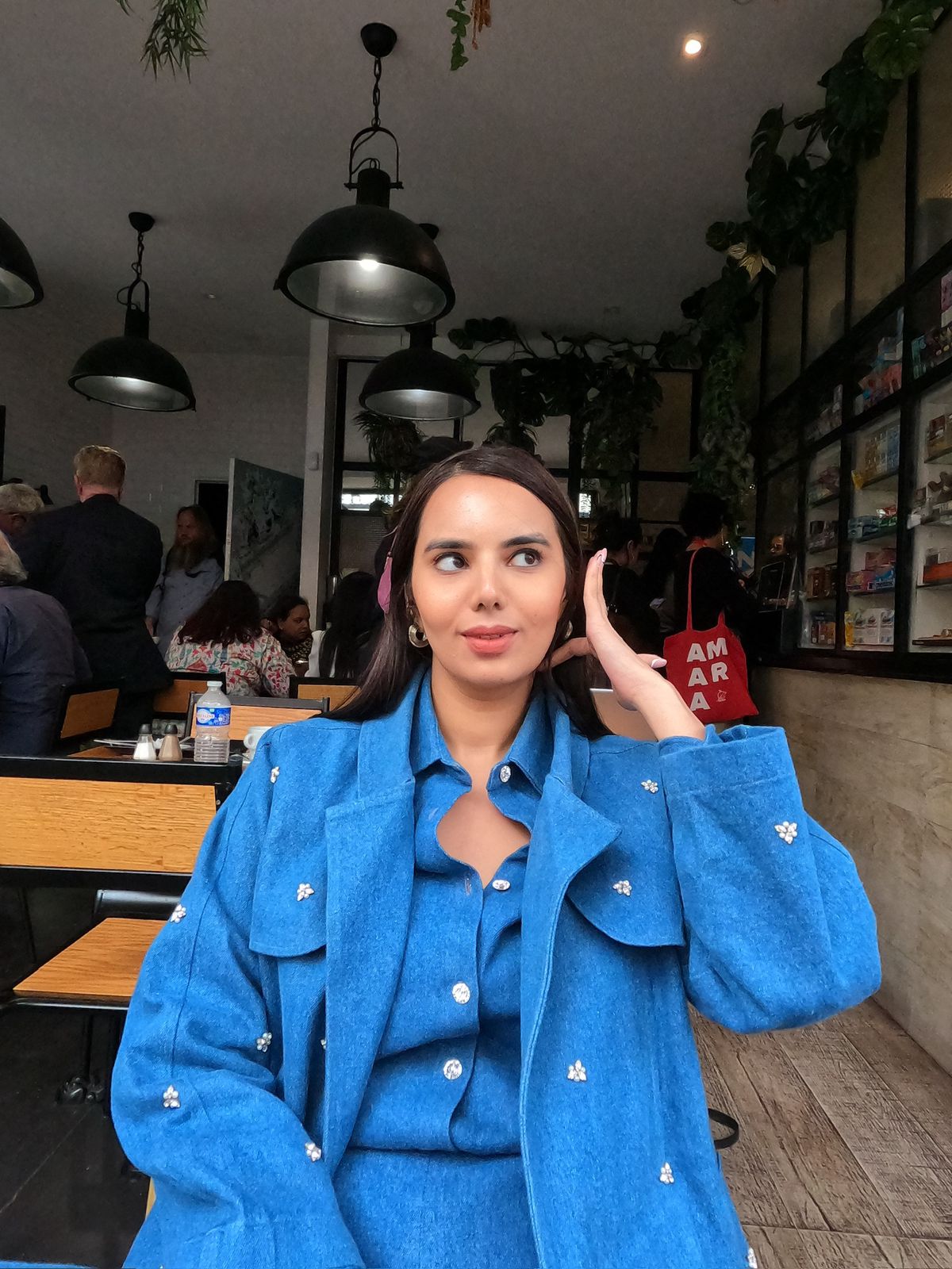 Embroidered Swarosvki Denim Trench Coat Paired With Button Down Plain Shirt With Pants