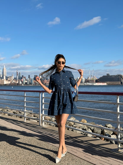 FIT AND FLARE SWAROVSKI EMBELLISHED DENIM DRESS