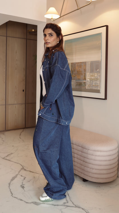 MULTICOLORED SWAROVSKI EMBELLISHED DENIM SHIRT PAIRED WITH EMBELLISHED DENIM PANTS