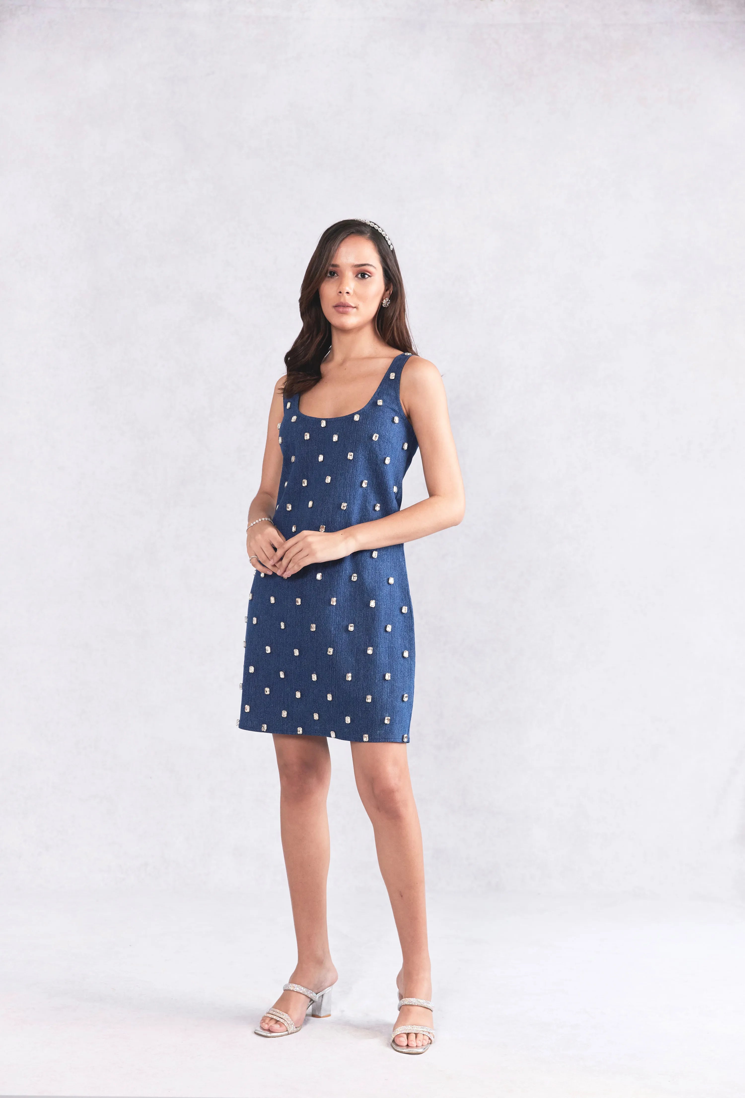 Swarovski Crystals Embellished Mini Denim Dress