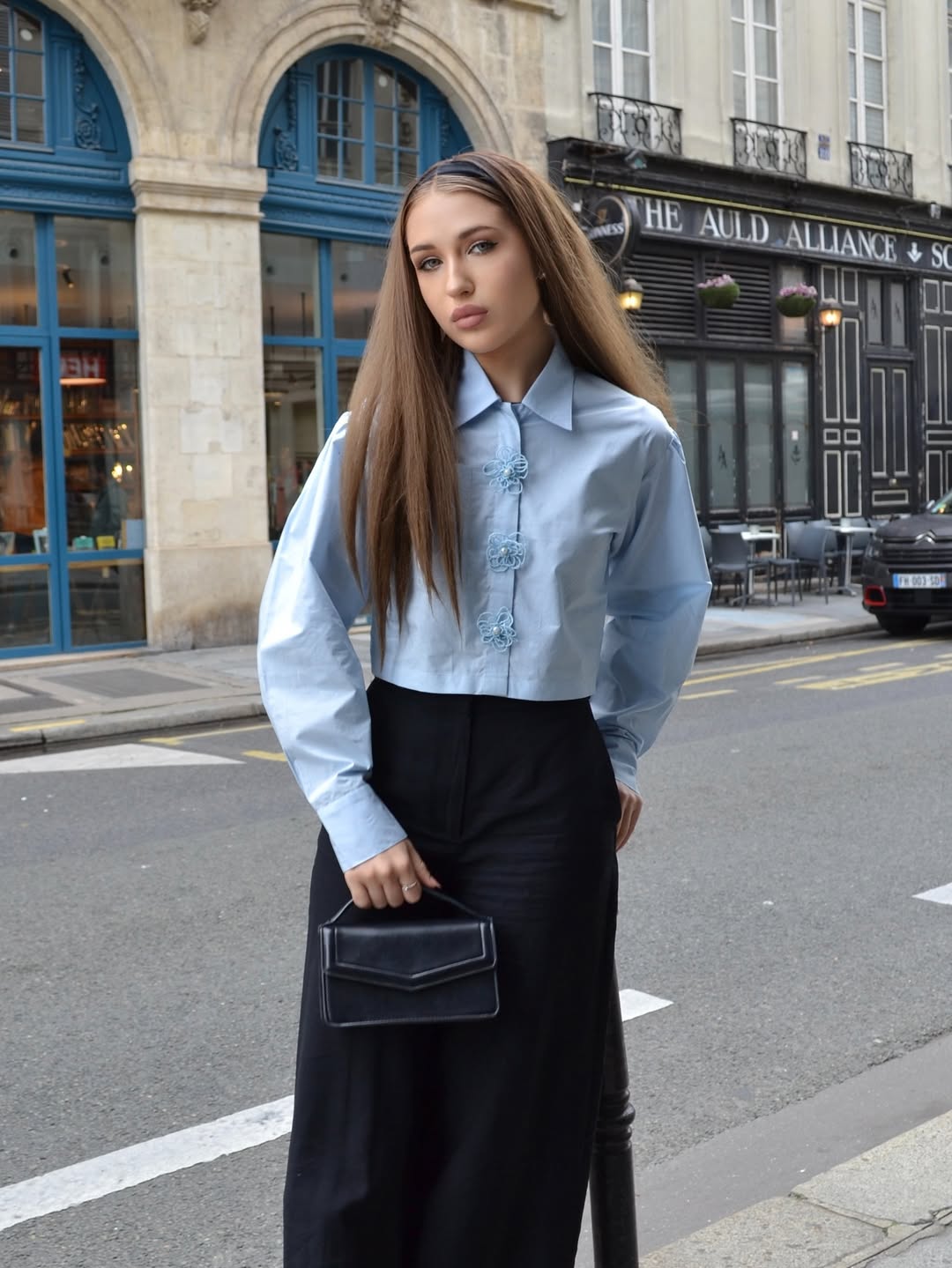 Crop Poplin Shirt With Pearl Flower Buttons