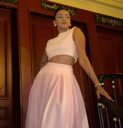 Pearl Embroidered Crop Baby Pink Top & Pearl Embroidered Panelled Maxi Pleated Baby Pink Scuba Skirt