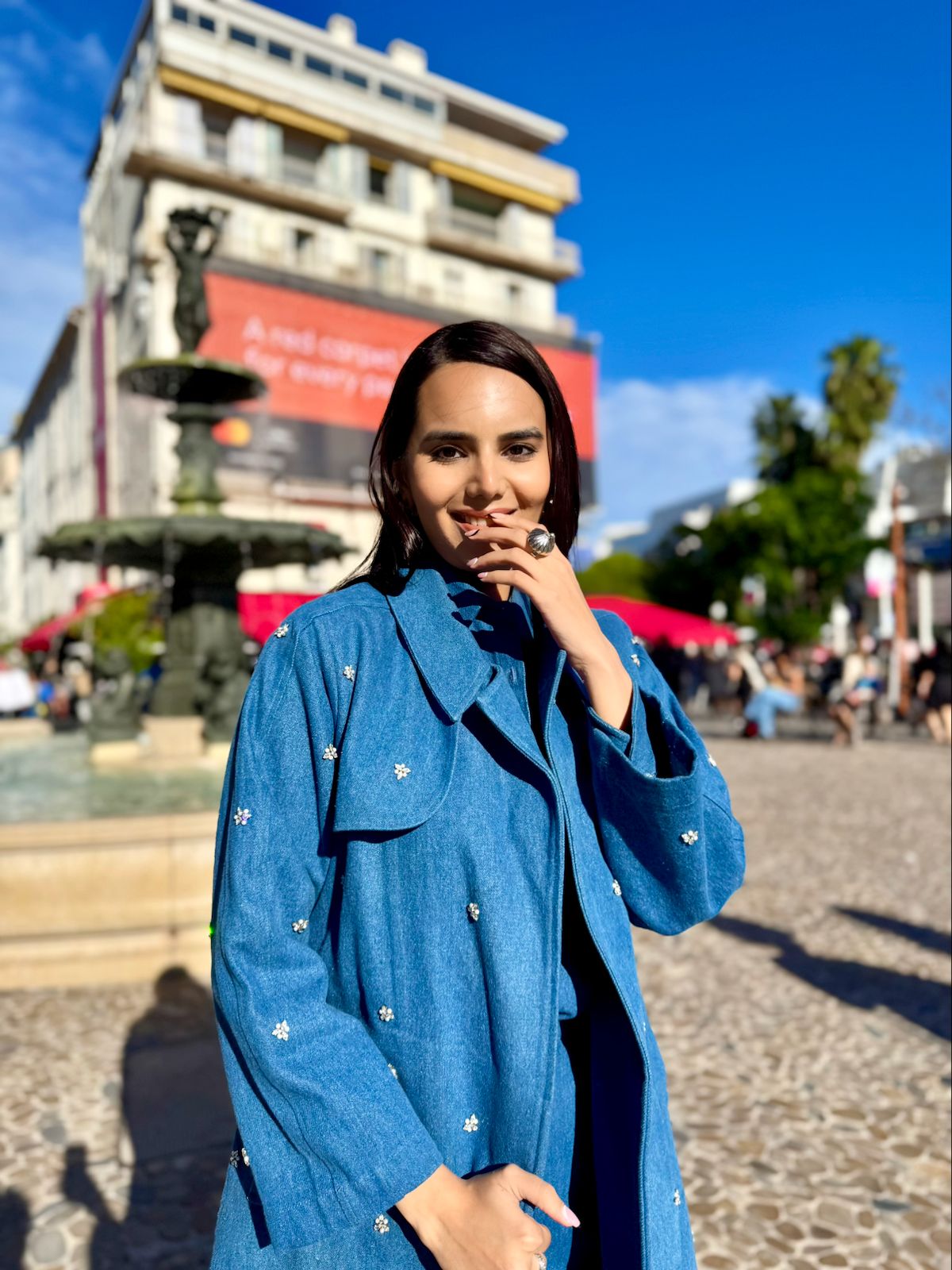 Embroidered Swarosvki Denim Trench Coat Paired With Button Down Plain Shirt With Pants