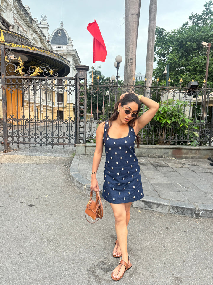 Swarovski Crystals Embellished Mini Denim Dress