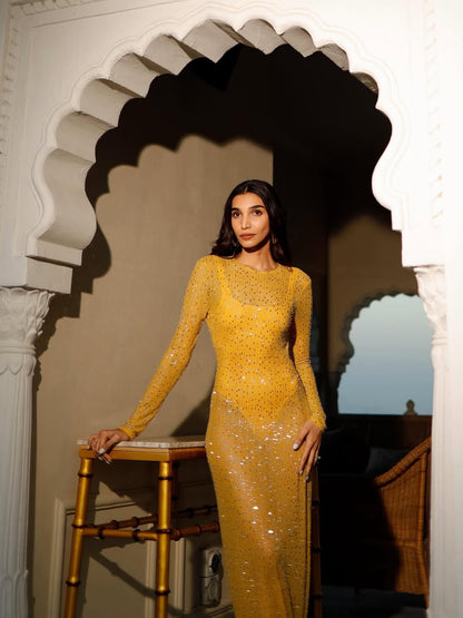Embroidered Yellow Long Sleeve Dress