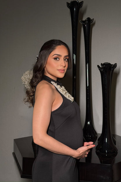 Pearl Neckpiece Long Scuba Halter Dress With Long Bow
