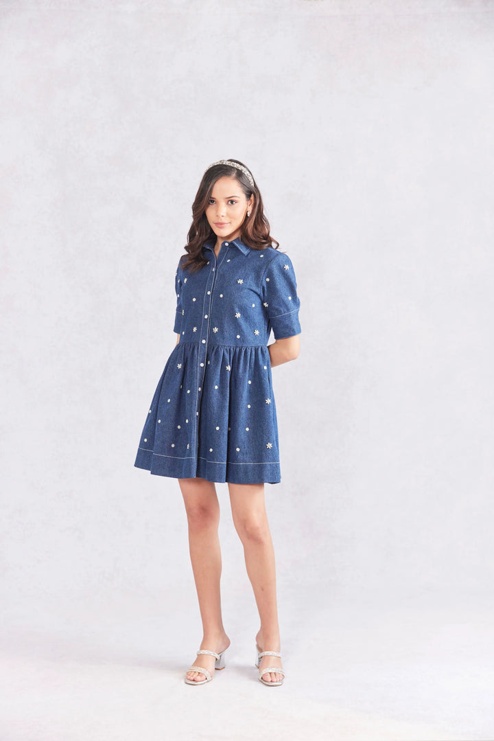 Fit And Flare Embellished Denim Dress