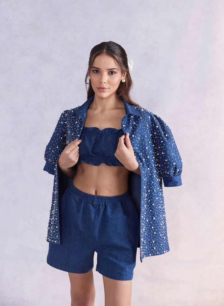 Embellished Denim Jacket With Denim Bustier And High Waist Shorts