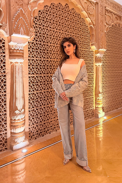 Two-Tone Swarosvki Embellished Denim Jacket & Flared Pant Set