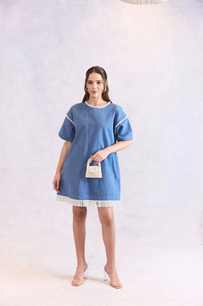 Oversized Frayed Denim Midi Dress