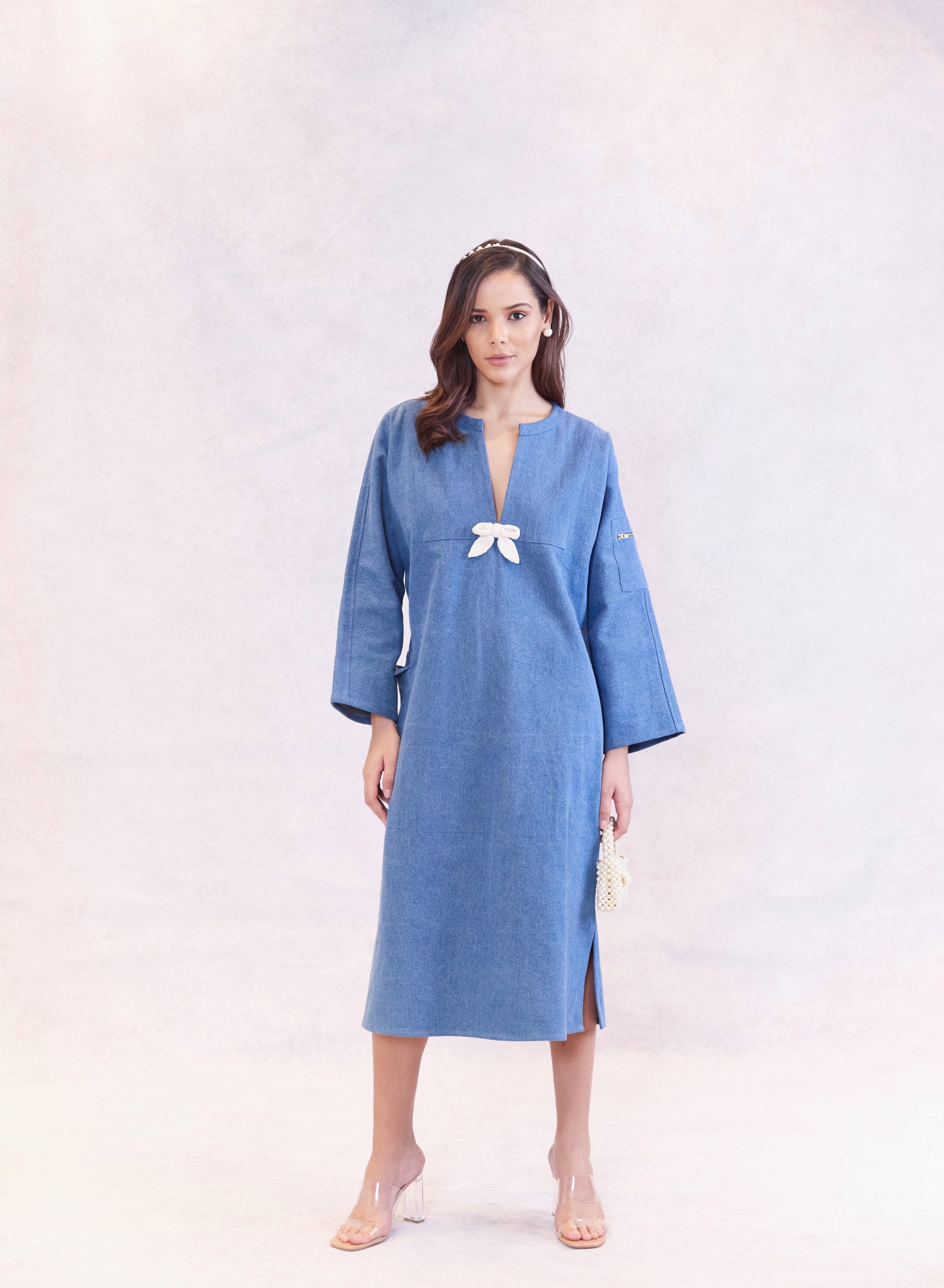 Bow Embellished Kaftan Denim Dress