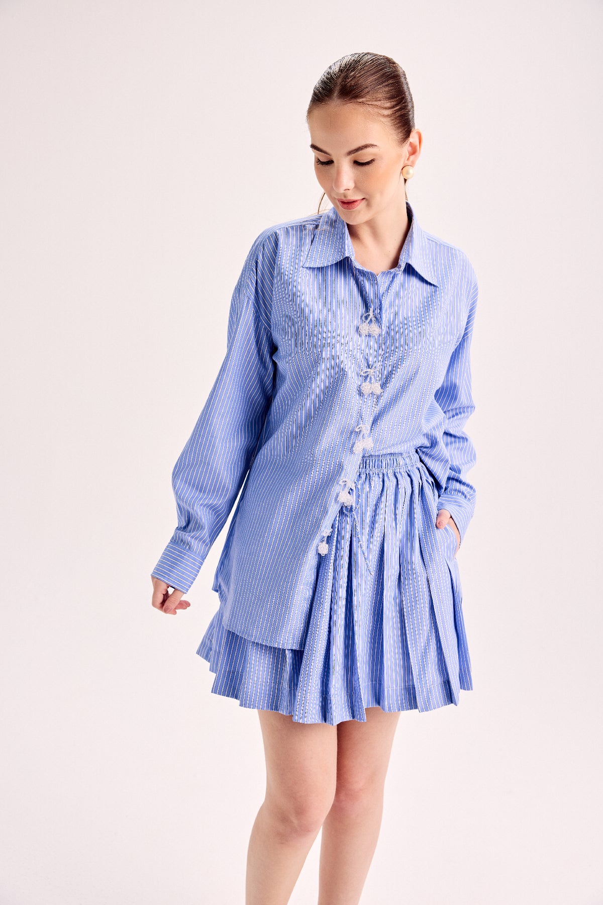Pinstripe Embellished Shirt & Pleated Skirt Co-Ord Set