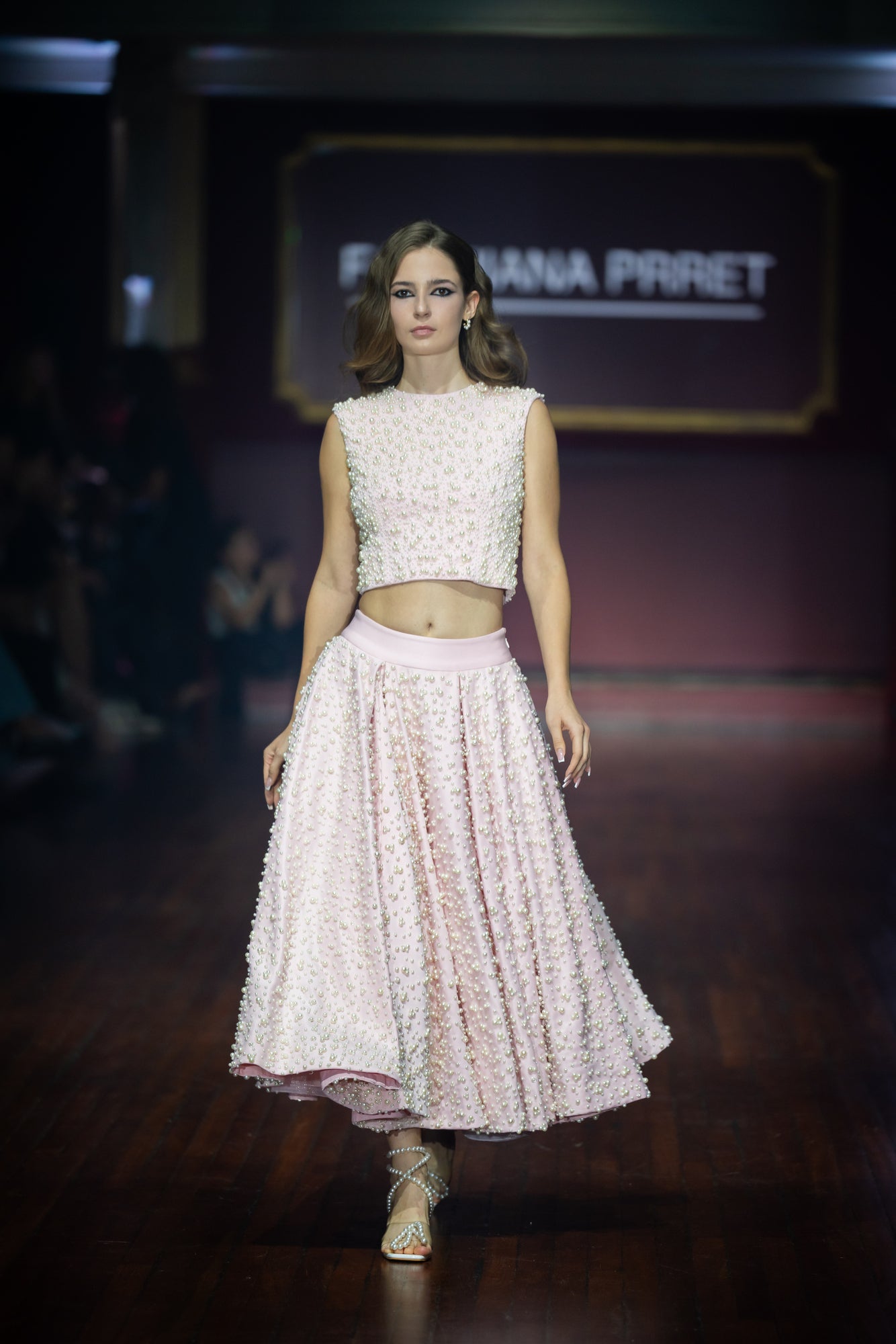 Pearl Embroidered Crop Baby Pink Top & Pearl Embroidered Panelled Midi Baby Pink Scuba Skirt