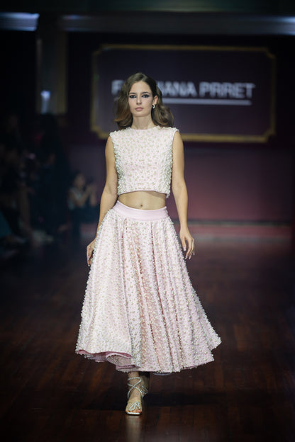 Pearl Embroidered Crop Baby Pink Top & Pearl Embroidered Panelled Midi Baby Pink Scuba Skirt