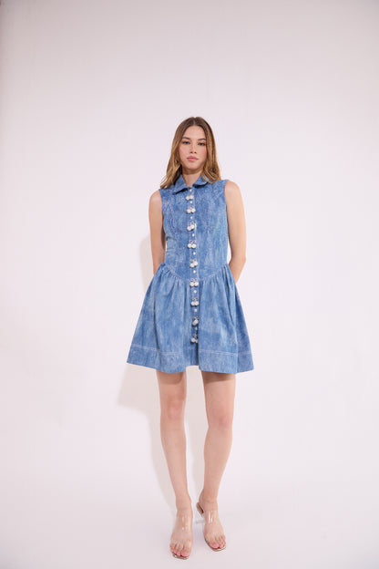Corset Drop Waist Cherry Embellished Placket Denim Dress