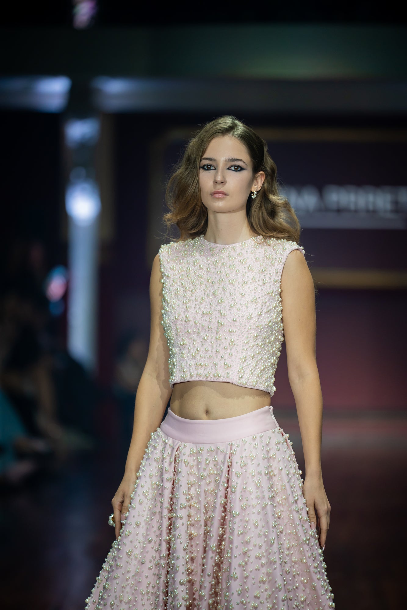 Pearl Embroidered Crop Baby Pink Top & Pearl Embroidered Panelled Midi Baby Pink Scuba Skirt