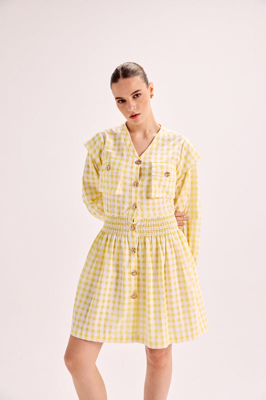 Yellow Gingham Smocked Waist Mini Dress