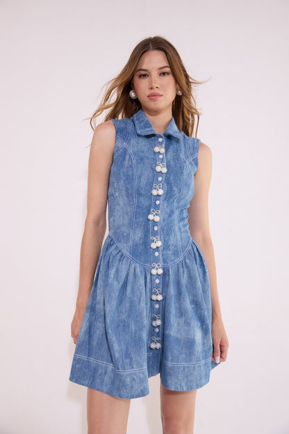 Corset Drop Waist Cherry Embellished Placket Denim Dress