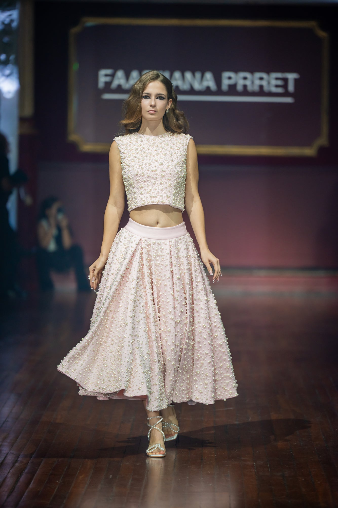 Pearl Embroidered Crop Baby Pink Top & Pearl Embroidered Panelled Midi Baby Pink Scuba Skirt