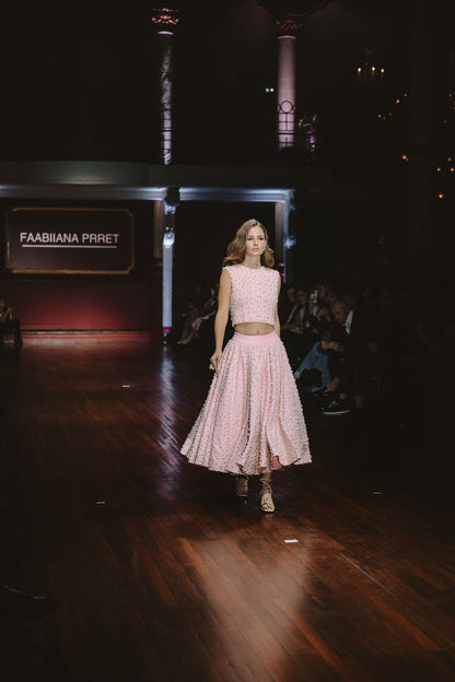 Pearl Embroidered Crop Baby Pink Top & Pearl Embroidered Panelled Midi Baby Pink Scuba Skirt