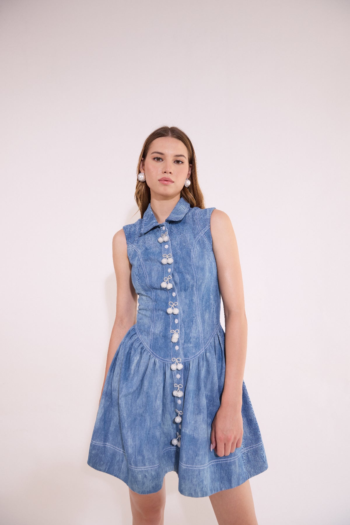 Corset Drop Waist Cherry Embellished Placket Denim Dress