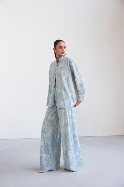 Two-Tone Swarosvki Embellished Denim Jacket & Flared Pant Set